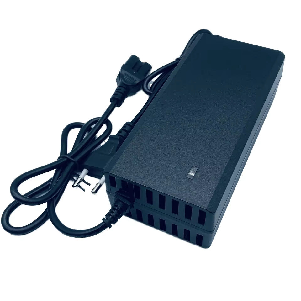 Black lithium battery charger brick with a mains plug and an output connector lead