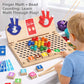 Child moving rainbow beads with a spoon on a wooden finger math board peg board, with tongs, cups and number blocks
