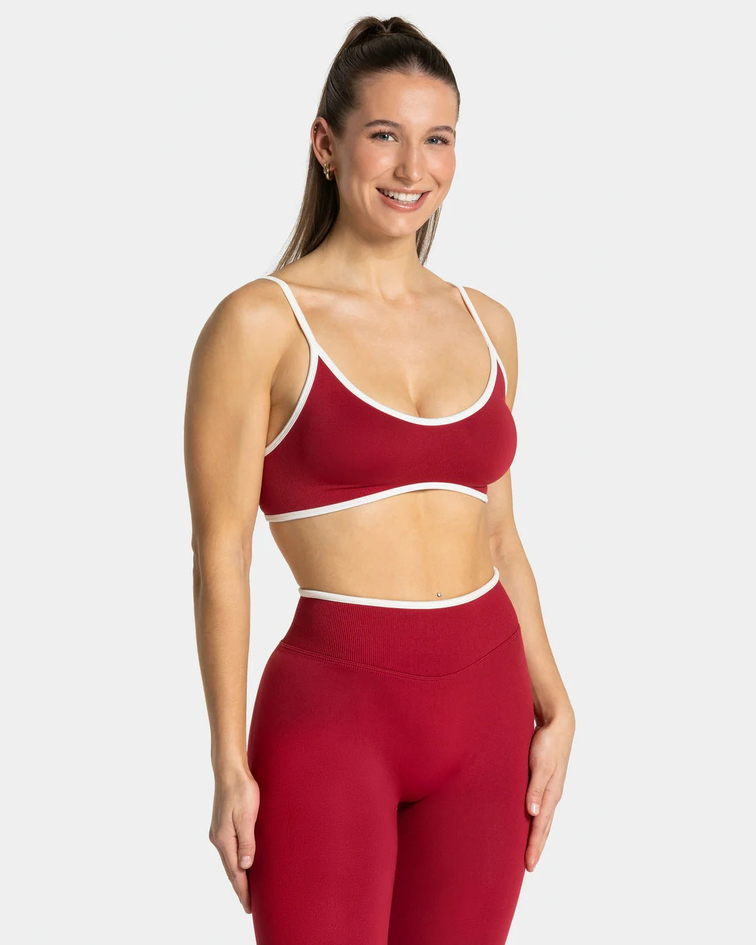 Coordinated bralette and leggings with crisp white edge binding