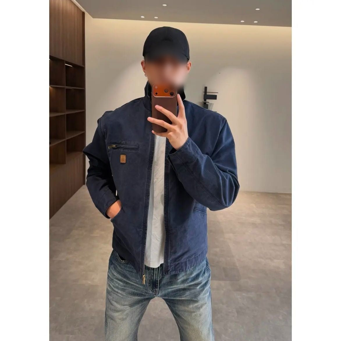 Blue retro cotton jacket, option photo for size M, mirror photo with jeans