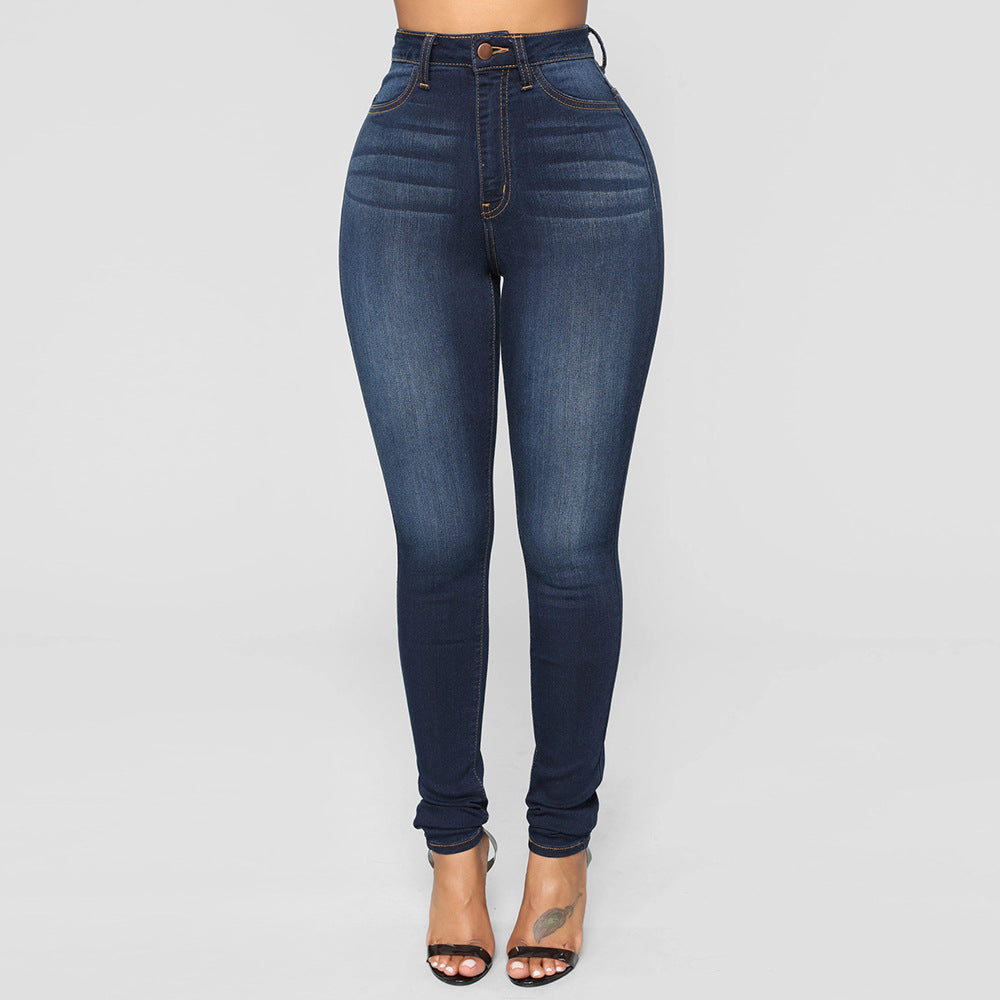 Dark blue high waist skinny jeans, front view on model, size M variant