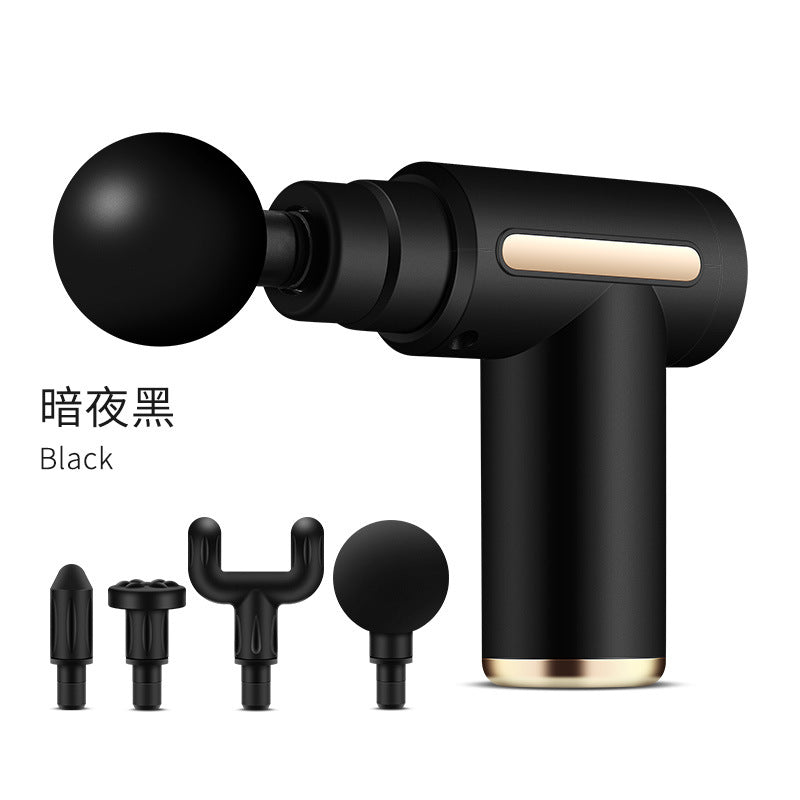 Mini cordless percussion massage gun with an LED screen shown on a marble surface