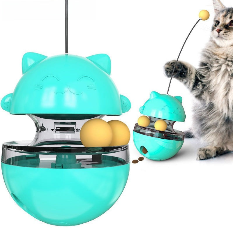 Pet food dispensing tumbler ball in blue, red and lake blue colours