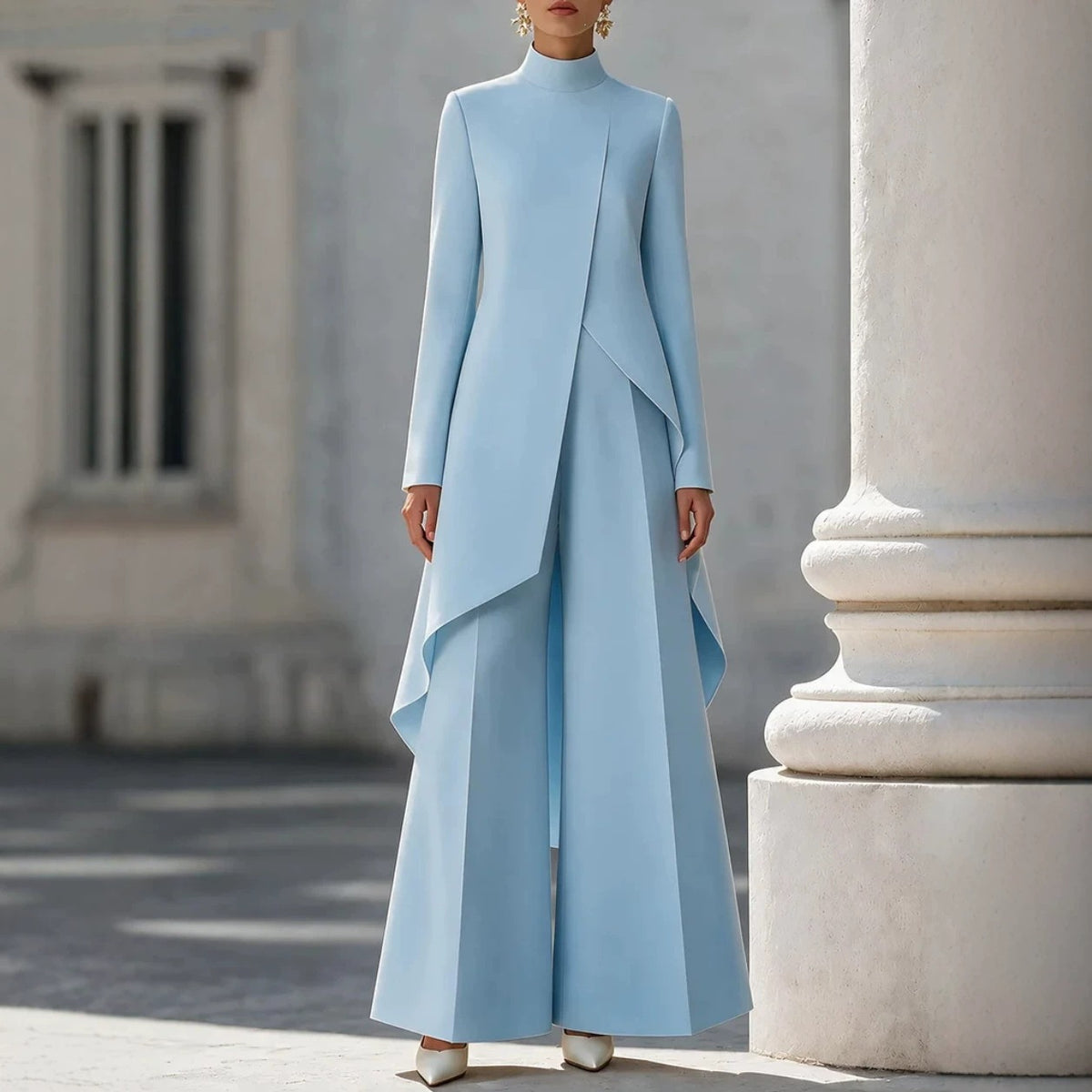 Womens High Neck Wide Leg Pants Set
