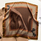 Brown equestrian toile printed square scarf with a satin sheen and hemmed edges, shown displayed