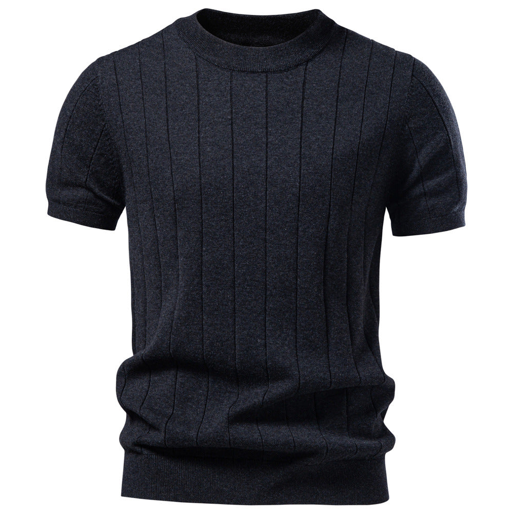 Men's cotton knit top worn casually with the short sleeves and crew neck in view