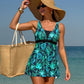 Close view of the green tropical leaf print and stretch swim fabric on the swimdress