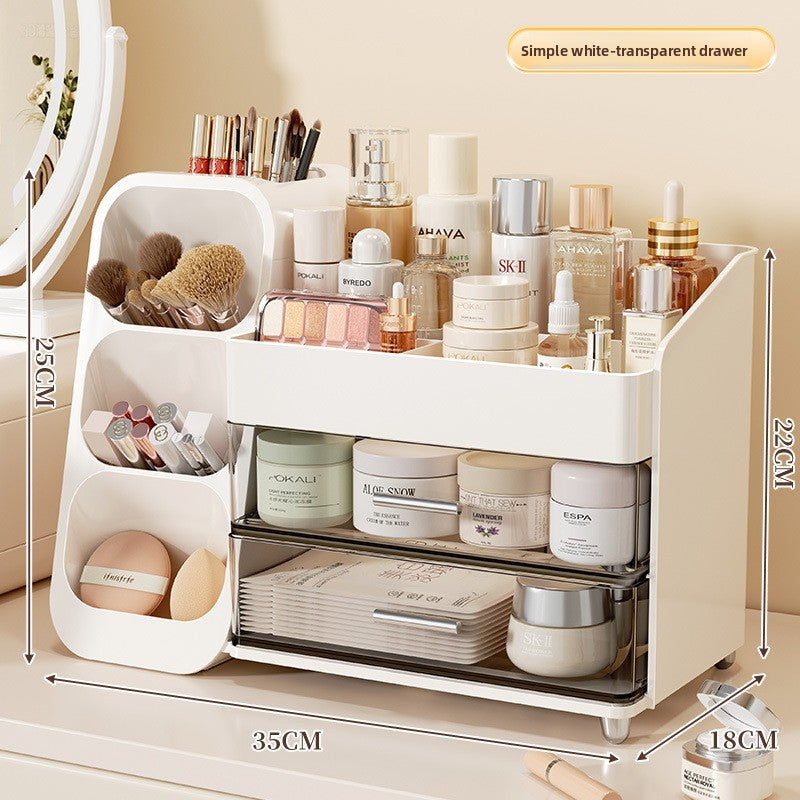 White L3 cosmetic organizer with dimension lines marking 35 cm wide, 18 cm deep, 22 cm and 25 cm tall