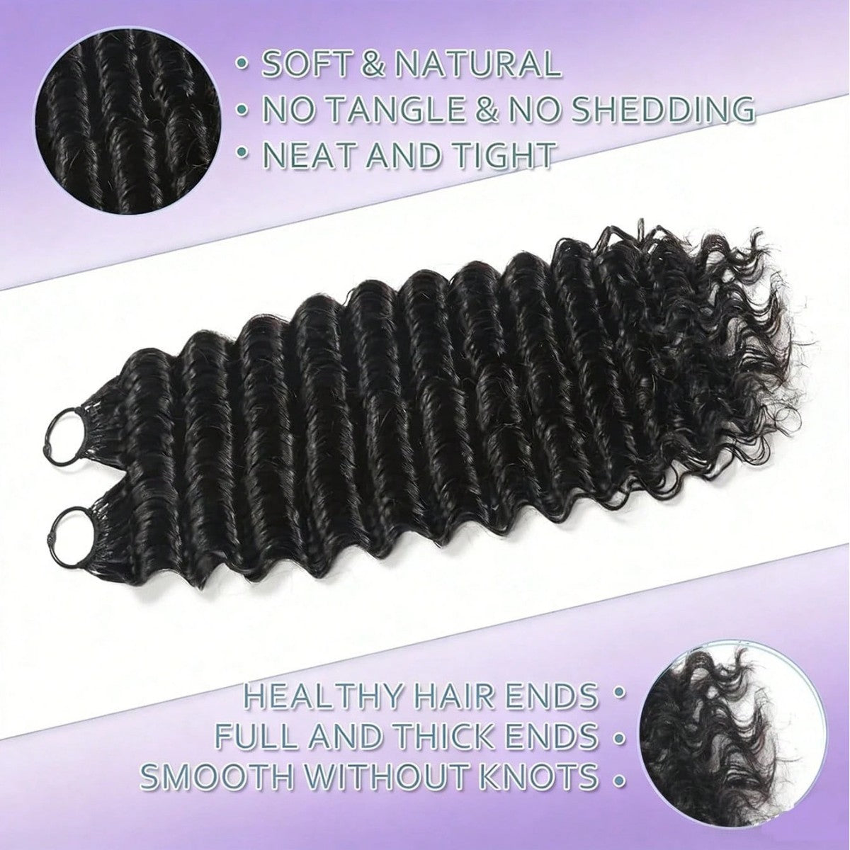 Folded bundle of black deep wave crochet hair shown with a close view of the strand ends