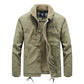 Khaki fleece lined cotton jacket back view on a plain background