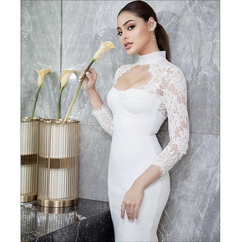 Styled flat lay of the halter neck lace dress next to matching evening accessories