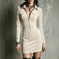 Cream bodycon polo dress with front zip, collar and chest pockets, Milky white XXL option