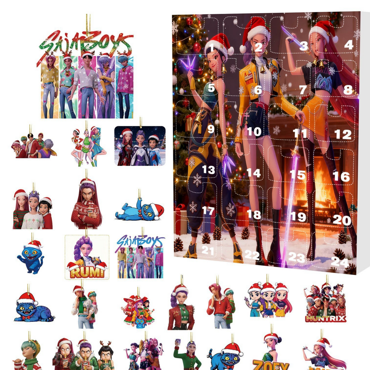 Festive advent calendar cover with three women in holiday outfits by a fireplace and a sheet of Saja Boys ornaments
