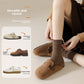 Woman adjusting brown ribbed socks over a clog, beside leather shoes and sneakers shown as styling
