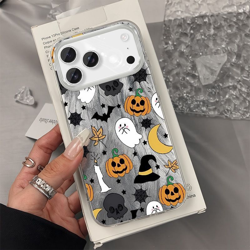 Moon ghost Halloween iPhone case shown at an angle to reveal the clear frame and silver printed back