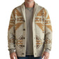 Close view of the geometric jacquard knit pattern on the oatmeal mens cardigan