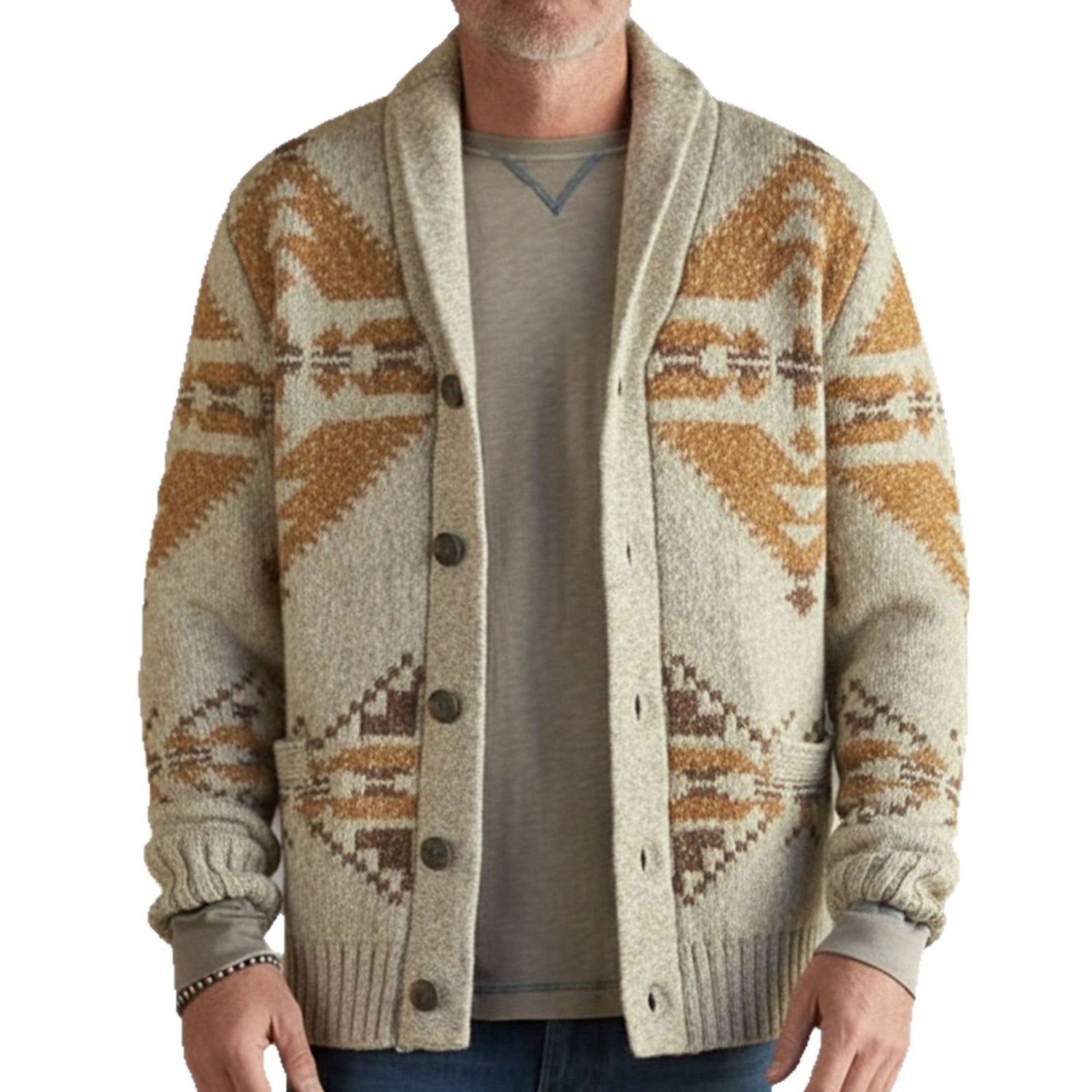 Close view of the geometric jacquard knit pattern on the oatmeal mens cardigan