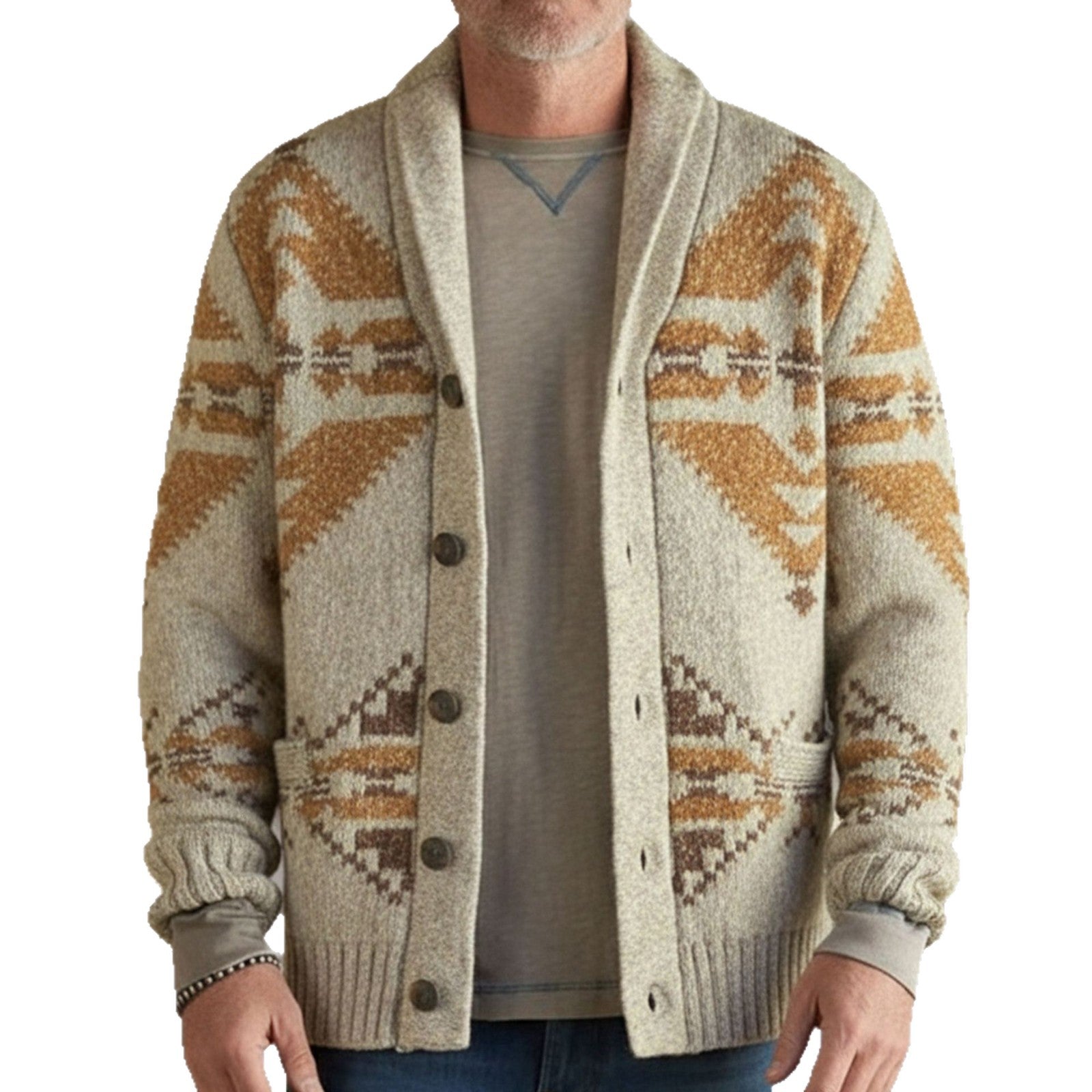 Close view of the geometric jacquard knit pattern on the oatmeal mens cardigan
