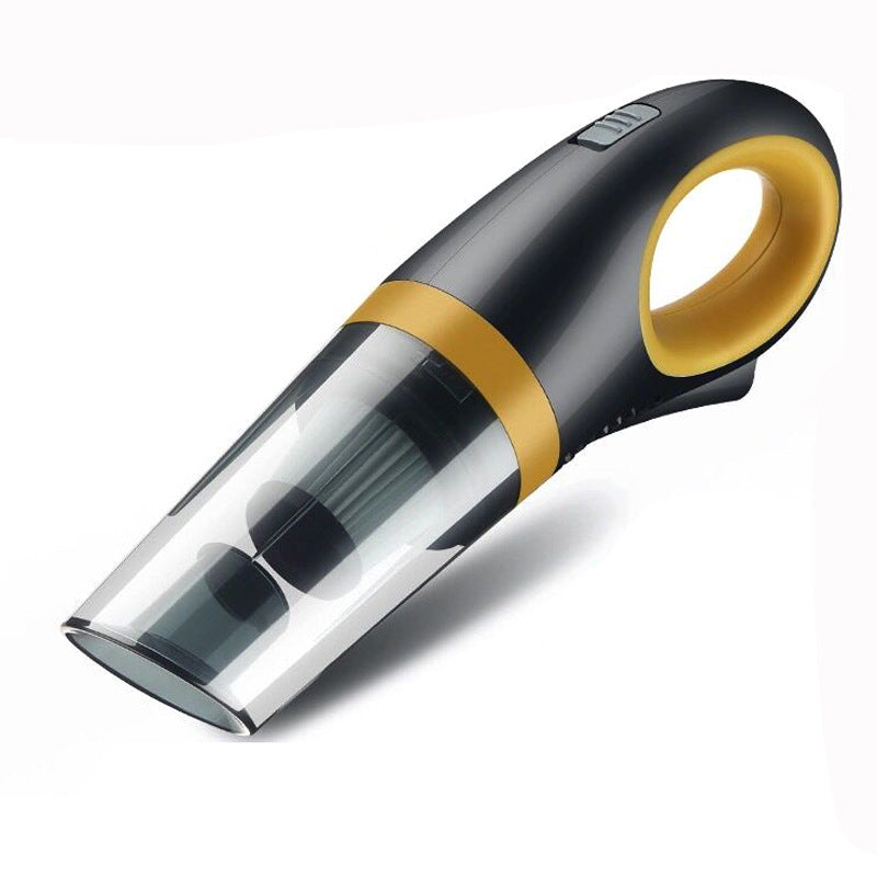 Handheld car vacuum with clear dust cup shown at an angle on a reflective surface