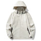Ivory mens shell jacket with the hood raised