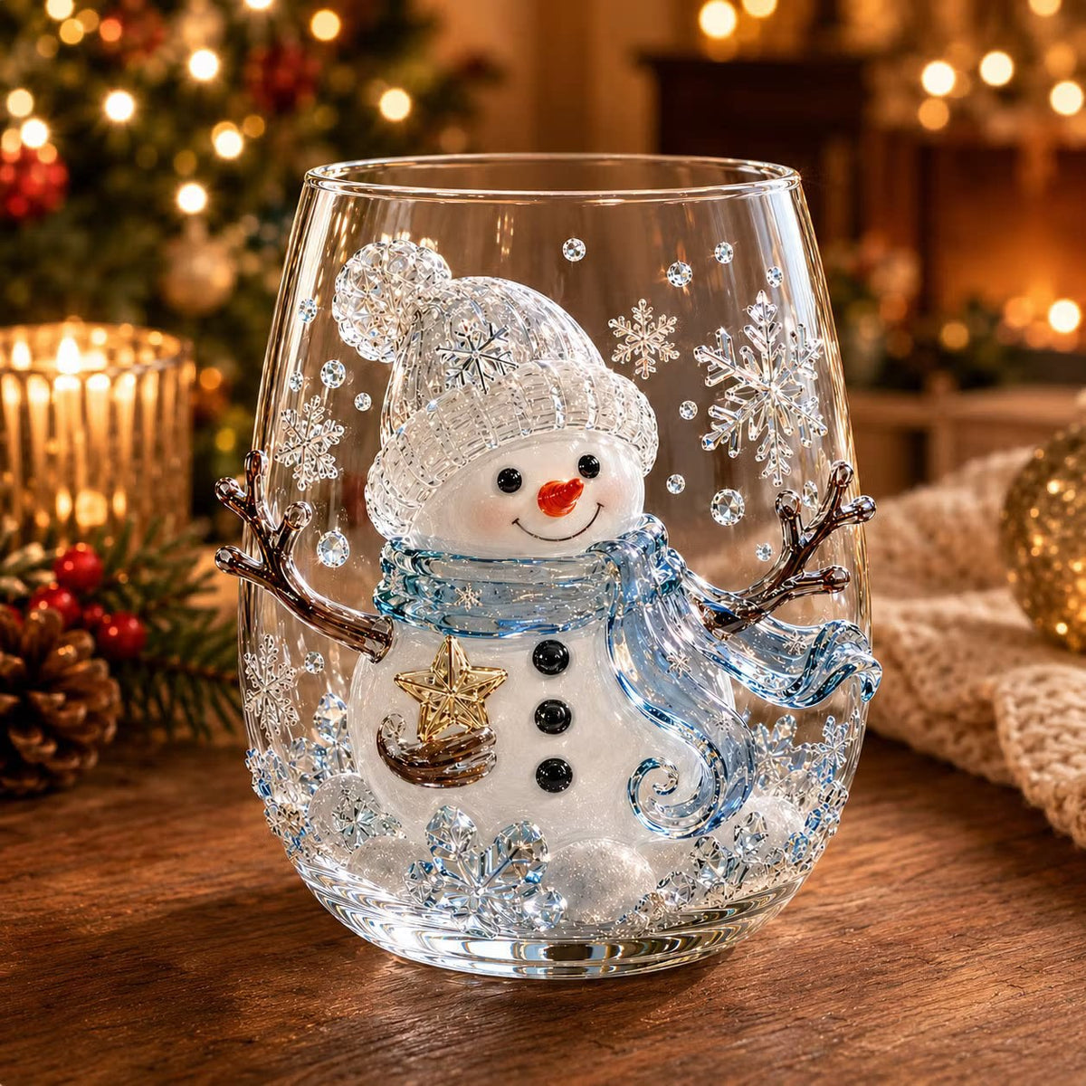 Clear borosilicate Christmas glass cup with a raised painted 3D blue snowman holiday motif
