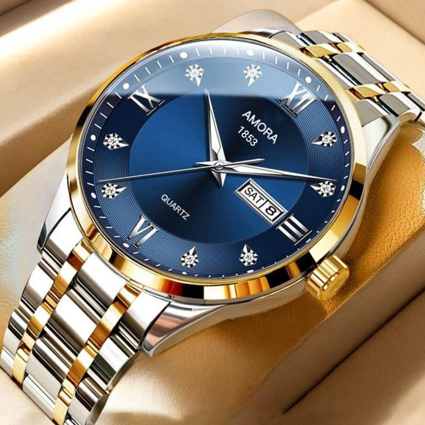 Men's analog quartz watch shown at a natural wrist angle