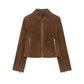 Cropped dark brown vegan suede jacket worn open over a light top