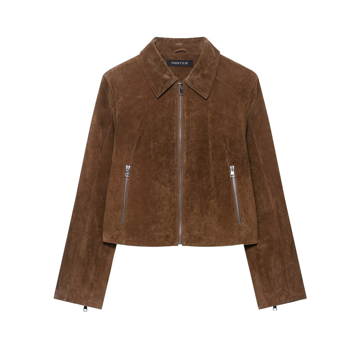Cropped dark brown vegan suede jacket worn open over a light top