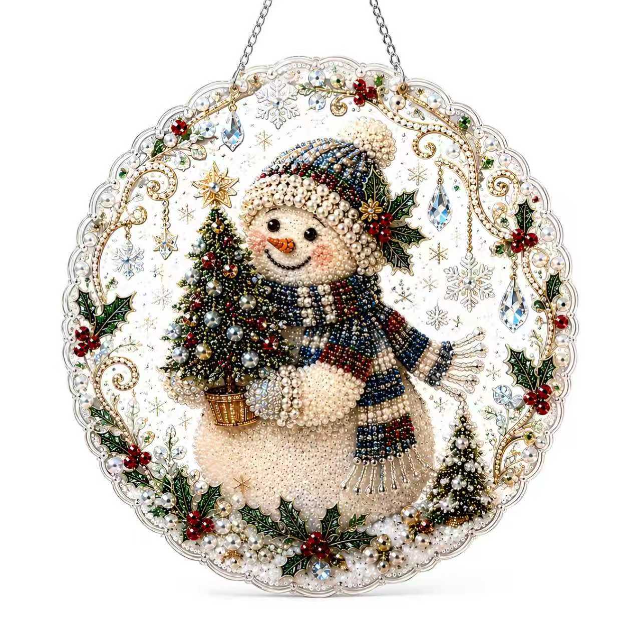 Christmas diamond painting door hanger with beaded owls on a clear round