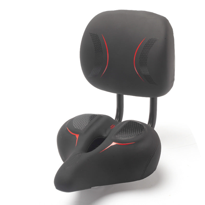 Scooter seat with backrest, angled view showing textured top panels and red accents