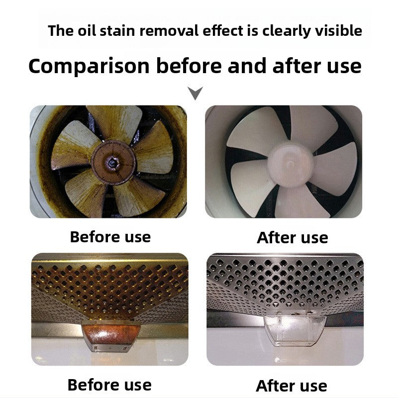 Before and after comparison of a greasy extractor fan and a hood grille cleaned of brown buildup
