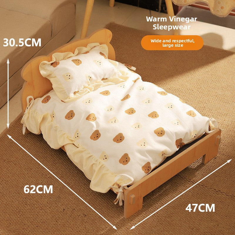 Large MDF pet bed with bear print bedding set and pillow, 62 x 47 x 30.5 cm