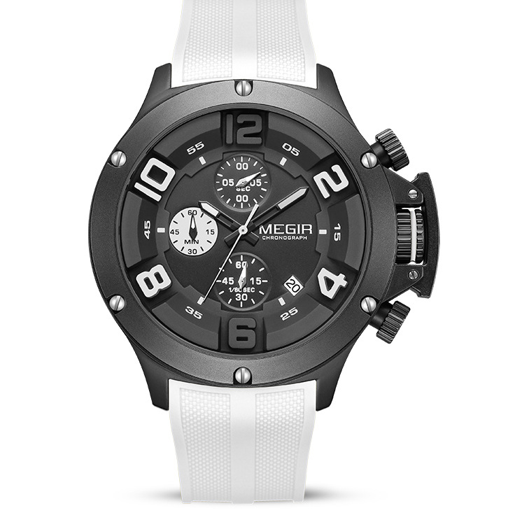 MEGIR sports chronograph quartz watch black case textured silicone strap