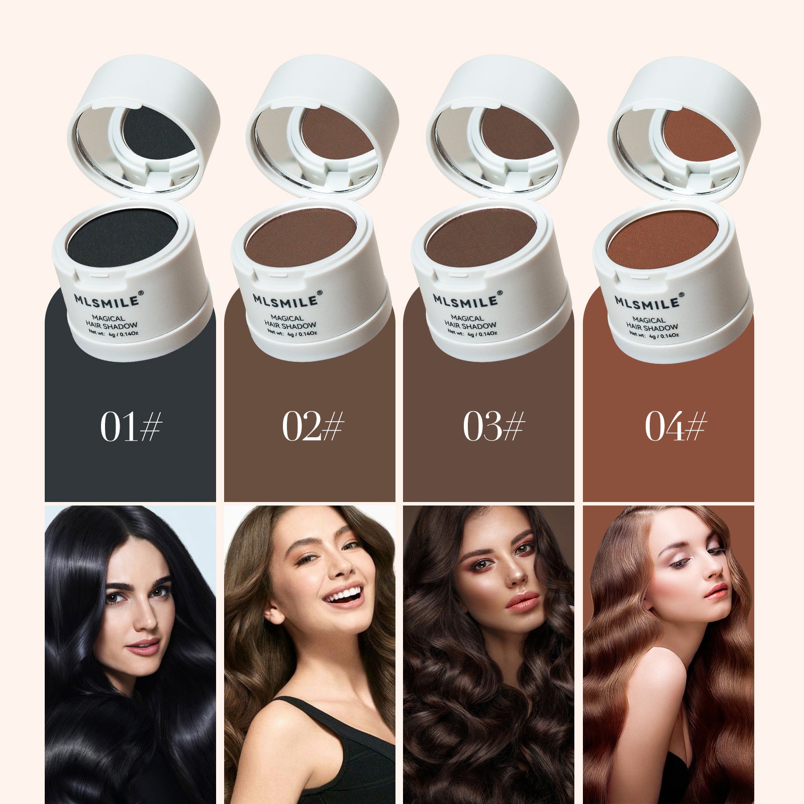 Four shades of hairline shadow powder from black to brown shown with matching hair colour swatches