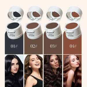 Four shades of hairline shadow powder from black to brown shown with matching hair colour swatches