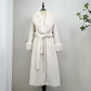 Off white long vegan fur coat with a cream fur collar, fur cuffs and a tie belt, Off White option