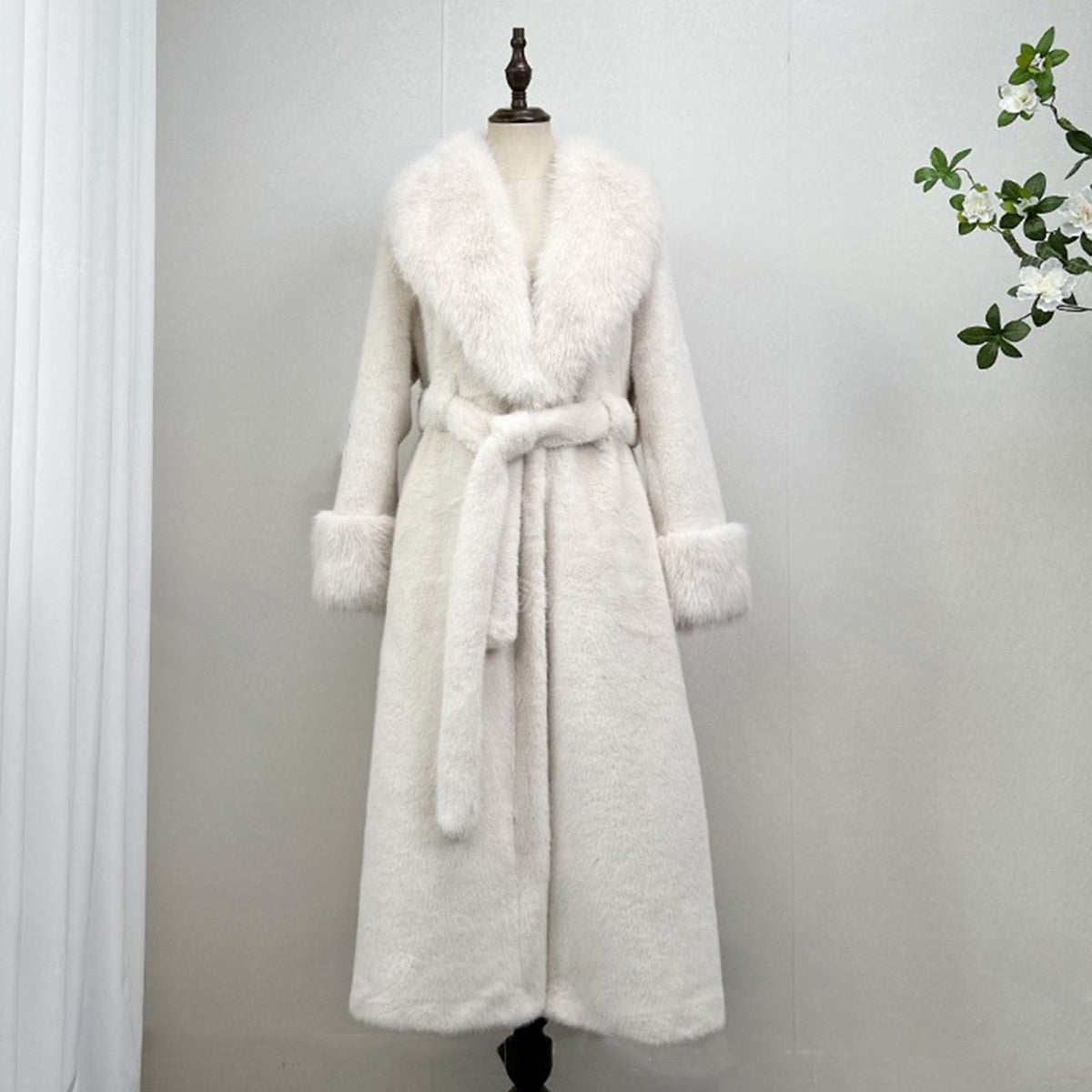Off white long vegan fur coat with a cream fur collar, fur cuffs and a tie belt, Off White option