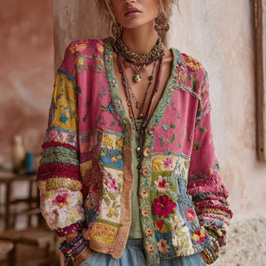 Vintage 3D digital print acrylic cardigan for women with an open button front and round neck