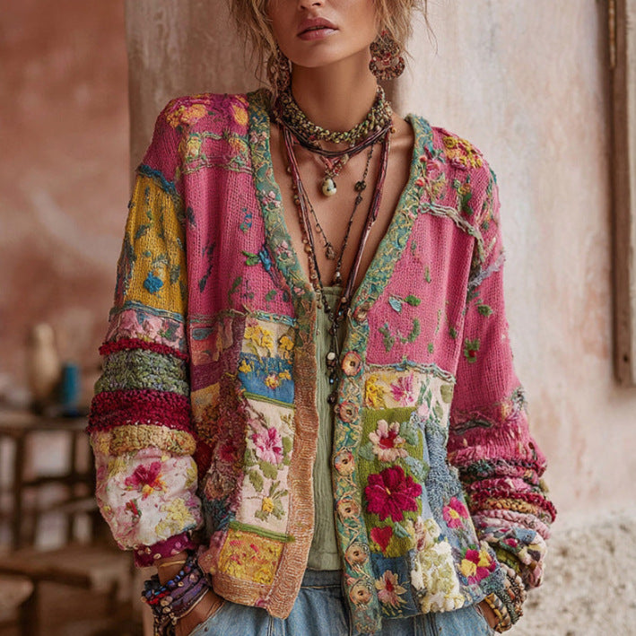 Vintage 3D digital print acrylic cardigan for women with an open button front and round neck