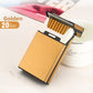 Gold aluminum cigarette case with flip top open over a row of 20 slim cigarettes