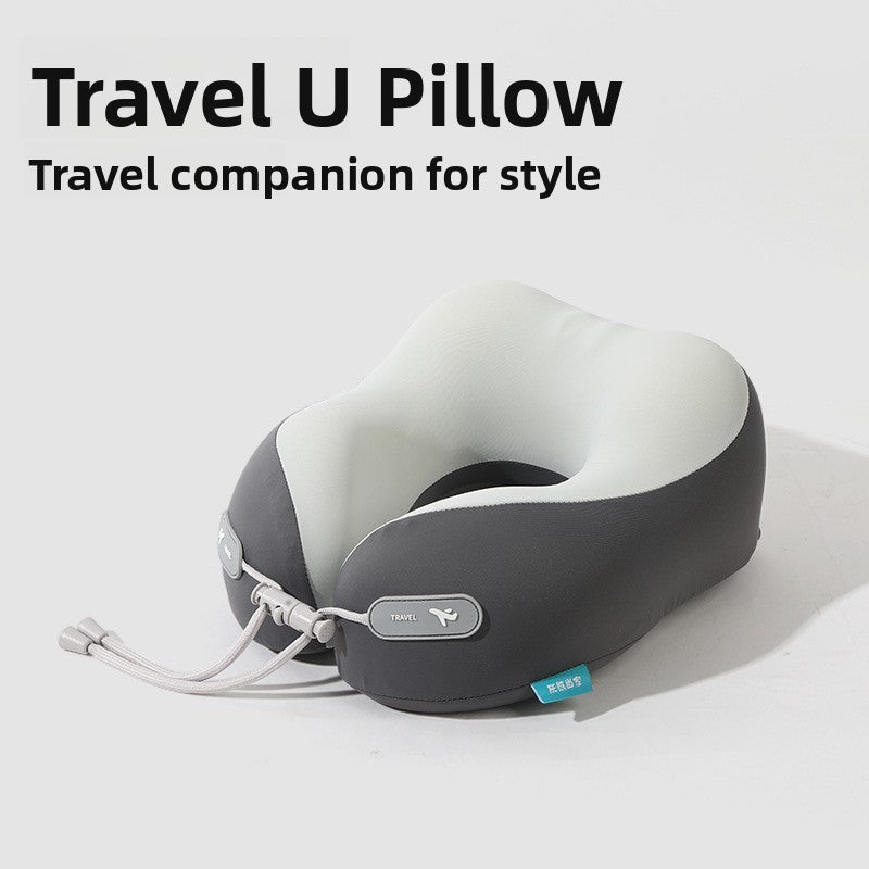 Dark gray and light gray U shaped neck pillow with front cord, adult size, single pillow option