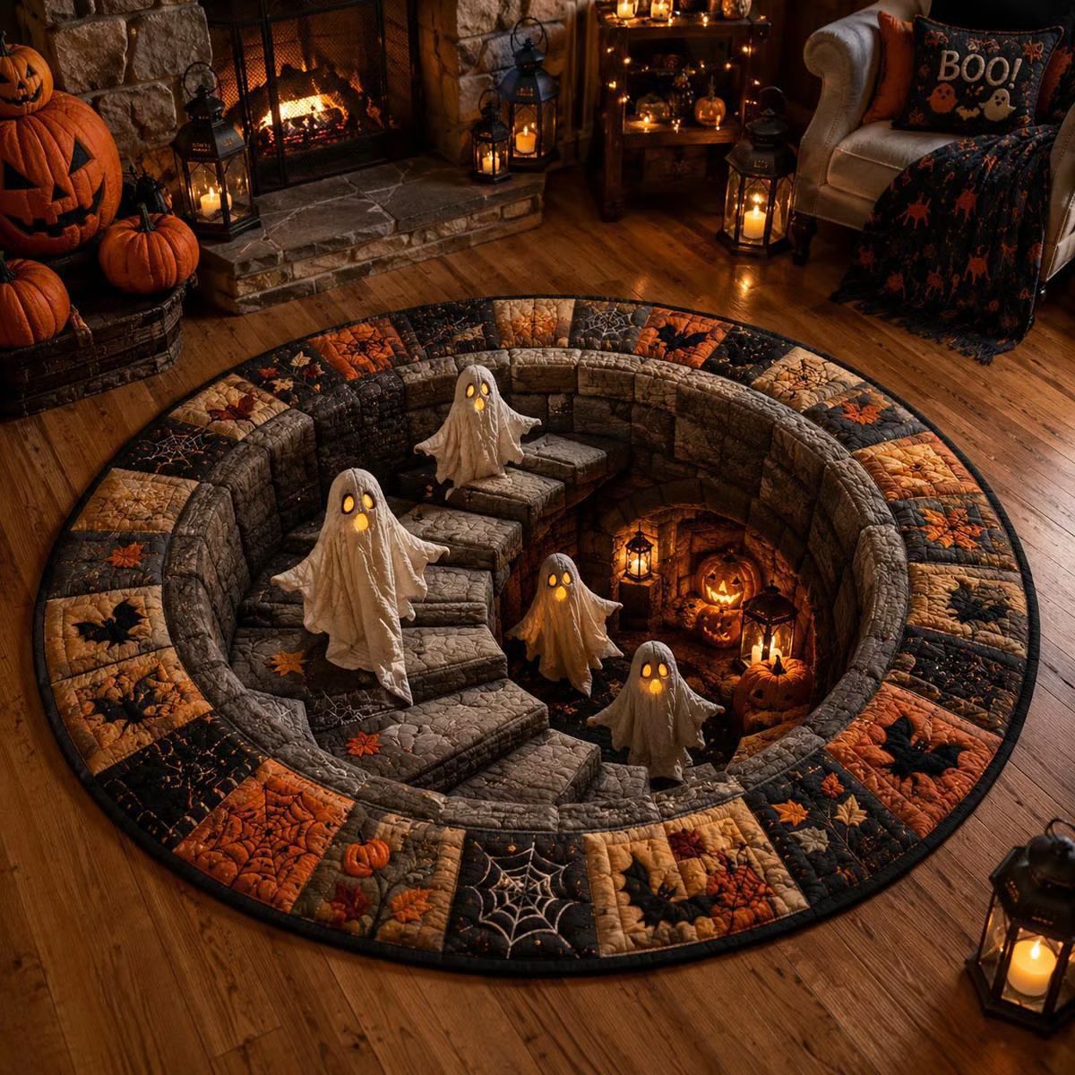 Round plush floor mat with a 3D Halloween ghost staircase and pumpkin print