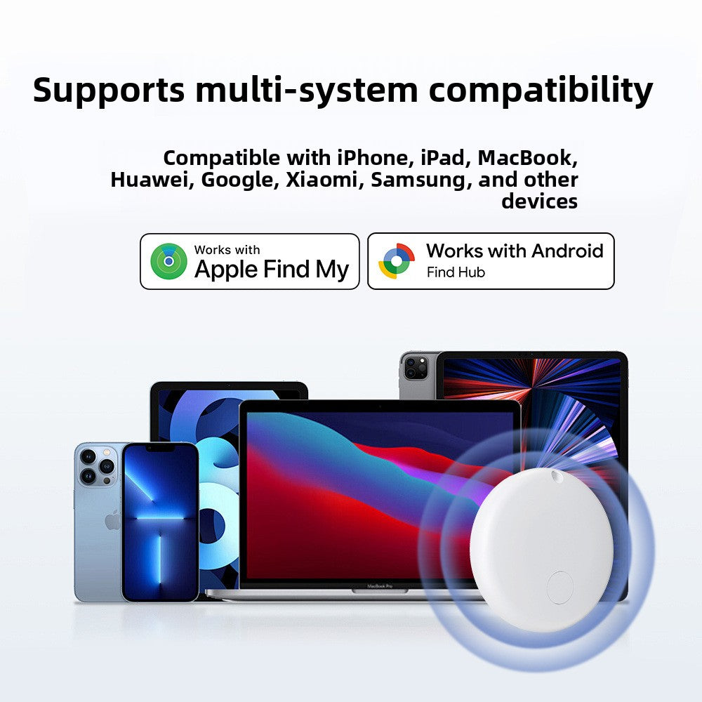 Tracker compatibility panel listing iPhone, iPad, MacBook, Huawei, Google, Xiaomi and Samsung devices