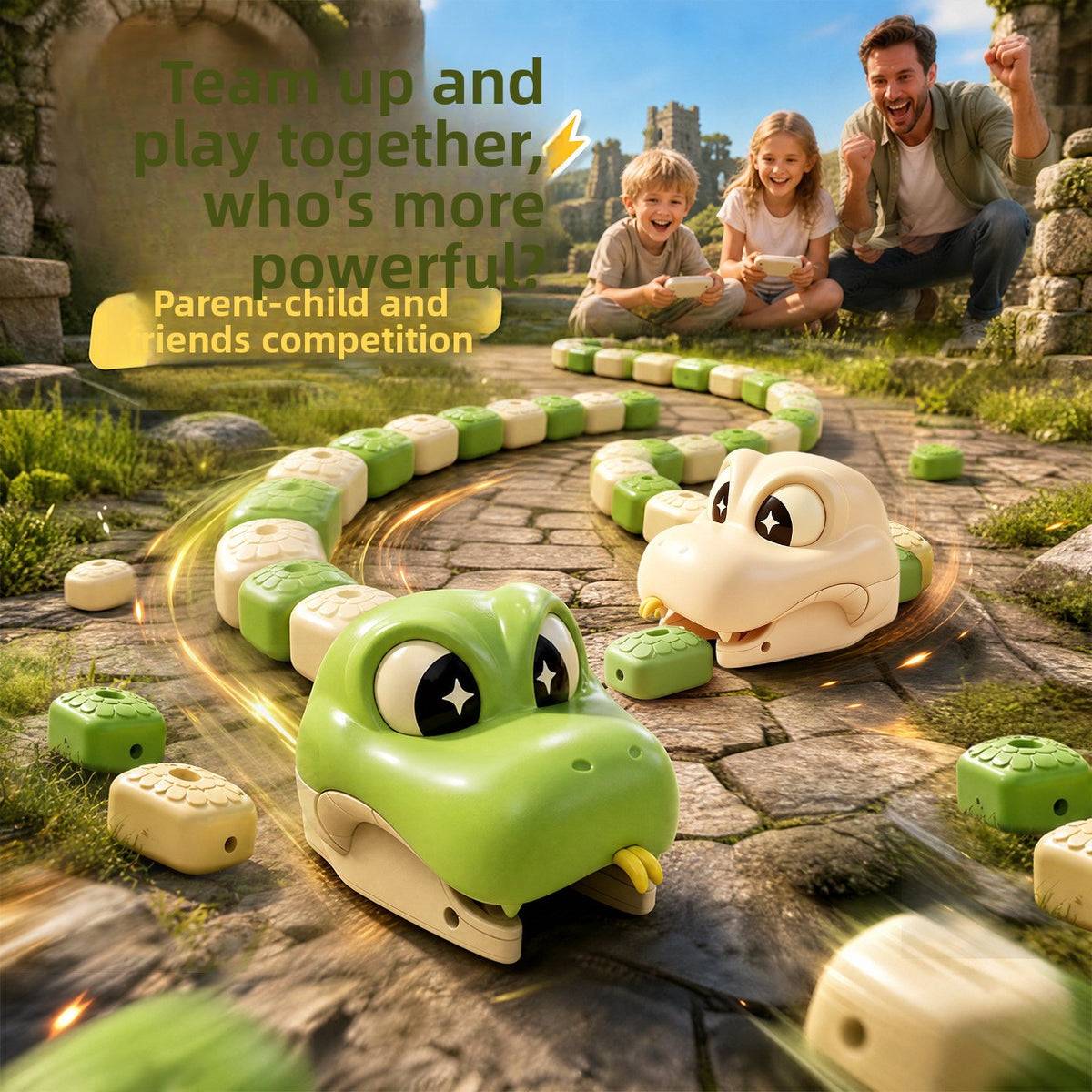 Green and beige snake toys facing off while a parent and two children play in the background