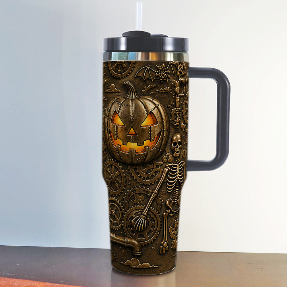 40oz insulated tumbler printed with a bronze steampunk pumpkin design and handle