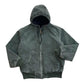Green washed hooded zip jacket with a dark lining and a ribbed hem, on a white background