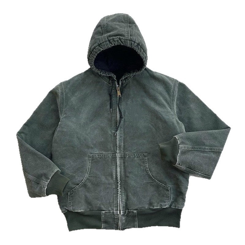 Green washed hooded zip jacket with a dark lining and a ribbed hem, on a white background