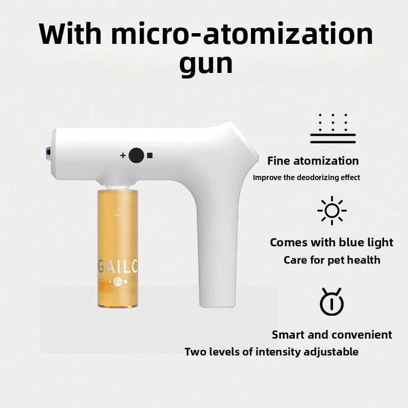 White atomizer gun for pet deodorizing spray with printed notes on fine mist and two intensity levels