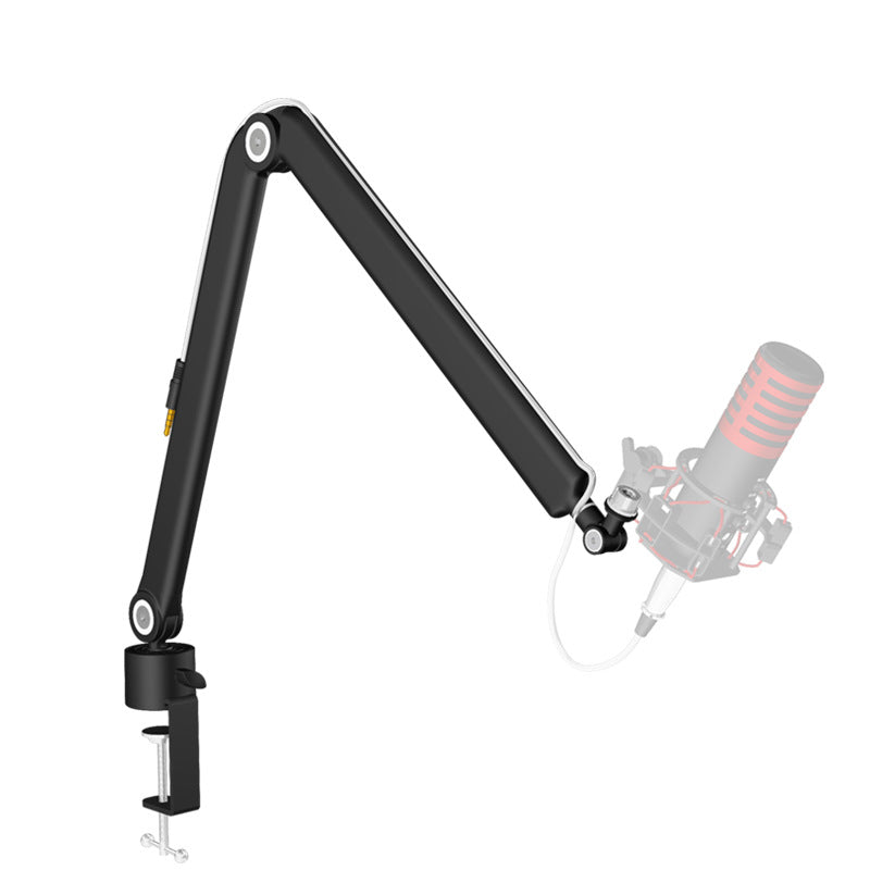 Black aluminum microphone boom arm folded upward on its rubber lined desk clamp base