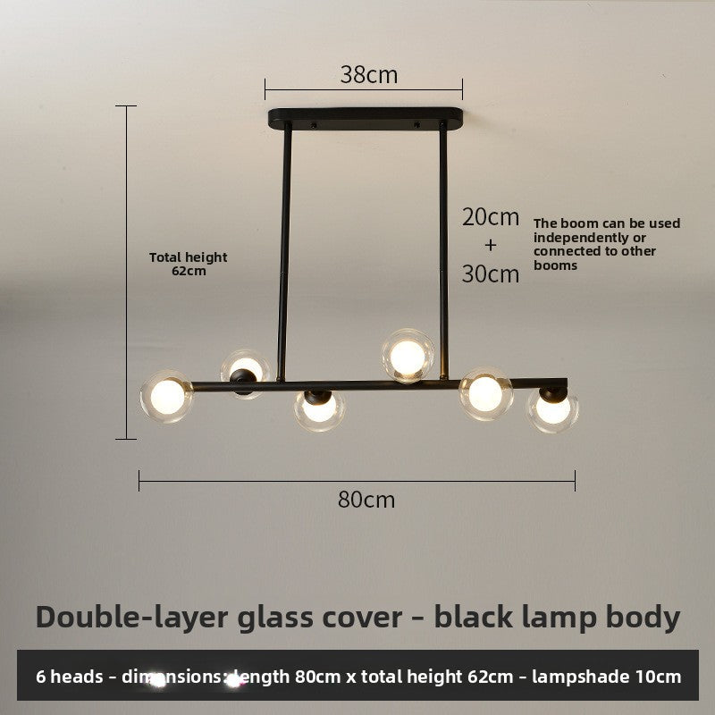 Black pendant light with six double-layer glass cover shades, 80 cm long, 62 cm high, 3-color LED option